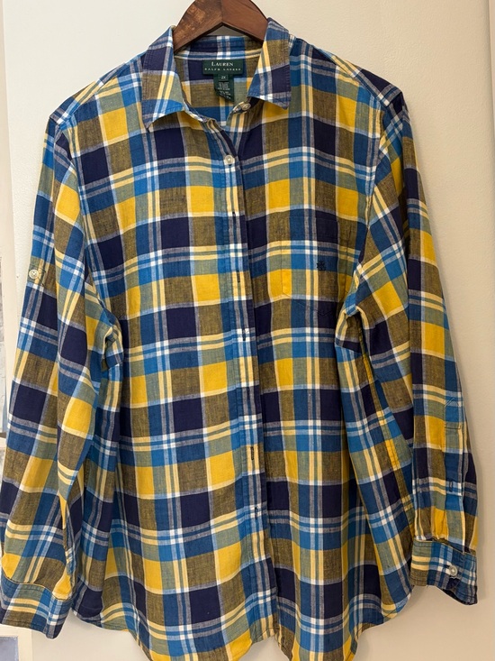 Ralph Lauren Tops - Lauren Ralph Lauren 100% Linen Yellow,Navy,Blue Plaid Women Button-Down Shirt 2X